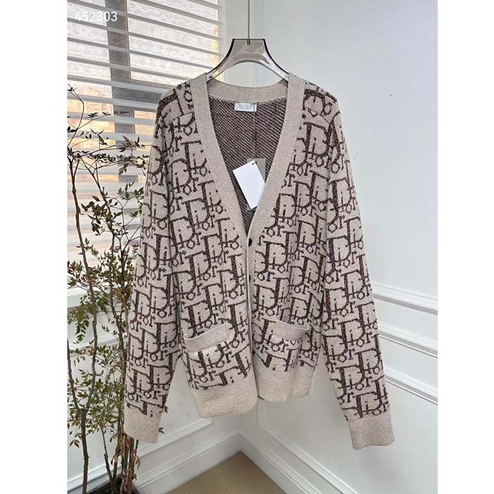 Dior Men CD Dior Oblique Cardigan Beige Brown Wool Jacquard