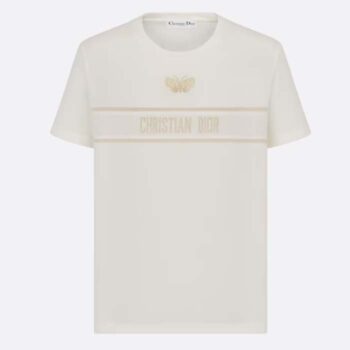 Dior Women CD Embroidered T-Shirt White Cotton Jersey Gold-Tone Signature