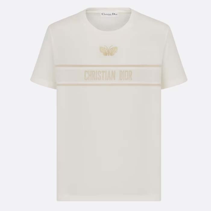Dior Women CD Embroidered T-Shirt White Cotton Jersey Gold-Tone Signature