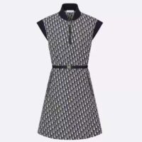 Dior Women CD Belted Dress Blue Technical Taffeta Jacquard Dior Oblique Motif Reference 417R92A2970_X5803 (3)