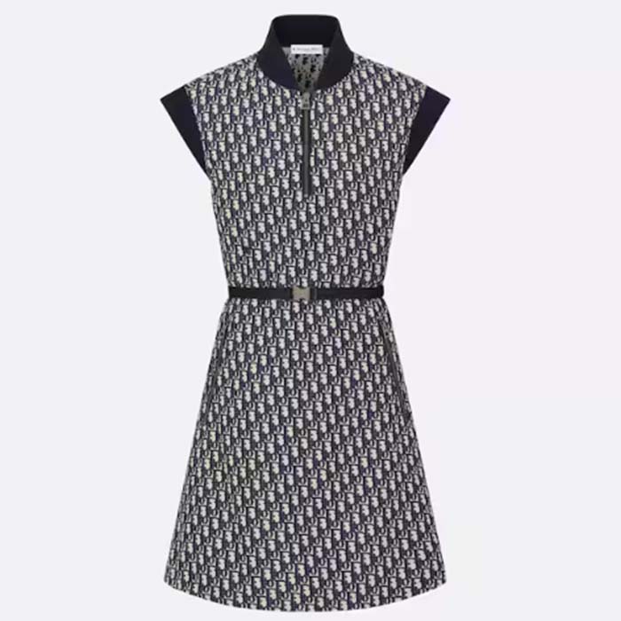 Dior Women CD Belted Dress Blue Technical Taffeta Jacquard Dior Oblique Motif Reference 417R92A2970_X5803