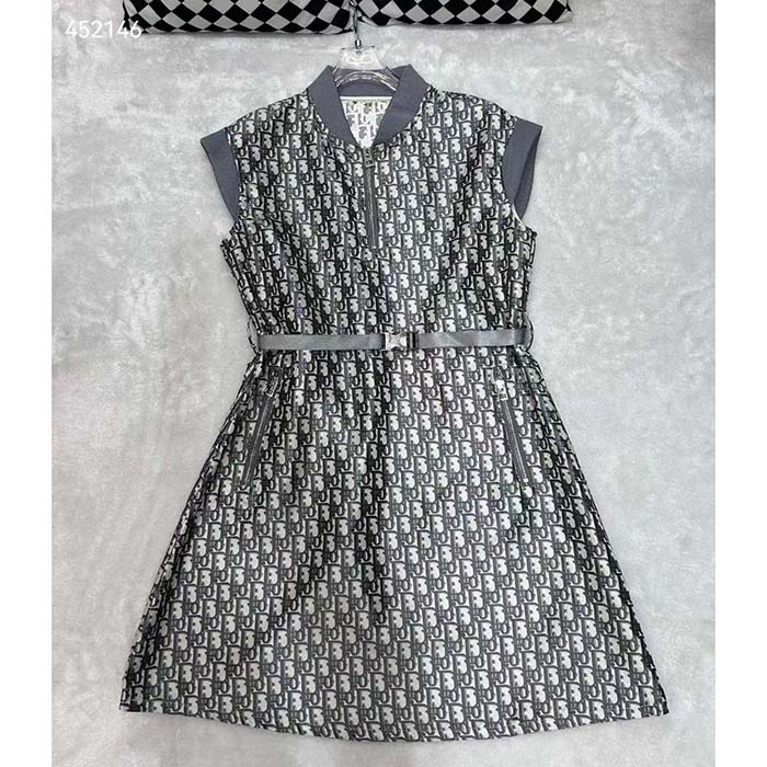 Dior Women CD Belted Dress Gray Technical Taffeta Jacquard Dior Oblique Motif Reference 417R92A2970_X8854 (1)