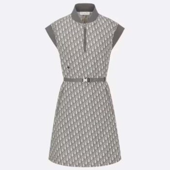 Dior Women CD Belted Dress Gray Technical Taffeta Jacquard Dior Oblique Motif Reference 417R92A2970_X8854