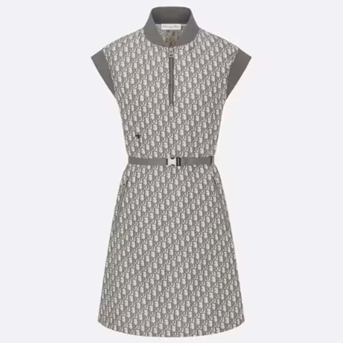 Dior Women CD Belted Dress Gray Technical Taffeta Jacquard Dior Oblique Motif Reference 417R92A2970_X8854 (2)