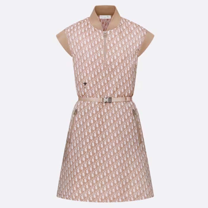 Dior Women CD Belted Dress Melocoton Pink Technical Taffeta Jacquard Dior Oblique Motif Reference 417R92A2970_X1245