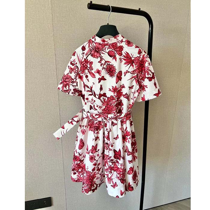 Dior Women CD Belted Shirt Dress White Cotton Silk Poplin Red Toile De Jouy Mexico Motif Reference 417R89A3676_X3810 (