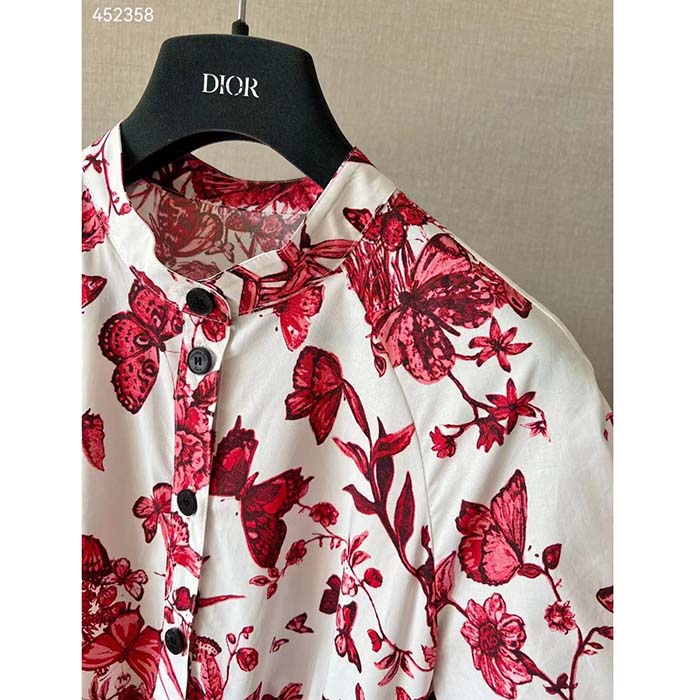 Dior Women CD Belted Shirt Dress White Cotton Silk Poplin Red Toile De Jouy Mexico Motif Reference 417R89A3676_X3810 ( (7)