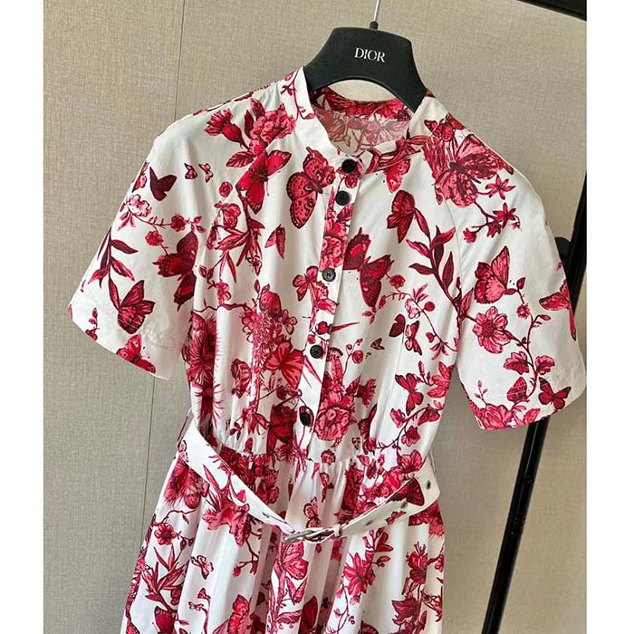 Dior Women CD Belted Shirt Dress White Cotton Silk Poplin Red Toile De Jouy Mexico Motif Reference 417R89A3676_X3810 ( (8)