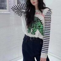 Dior Women CD Dior Marinière Sweater Navy Blue White Linen Cashmere Silk Knit Green Dragon Motif (5)