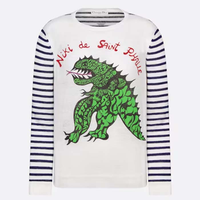 Dior Women CD Dior Marinière Sweater Navy Blue White Linen Cashmere Silk Knit Green Dragon Motif