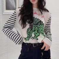 Dior Women CD Dior Marinière Sweater Navy Blue White Linen Cashmere Silk Knit Green Dragon Motif (5)