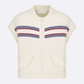 Dior Women CD Dioralps Vest White Wool Cashmere Knit Three-Tone Butterfly Motif Reference 414G19AM124_X0878