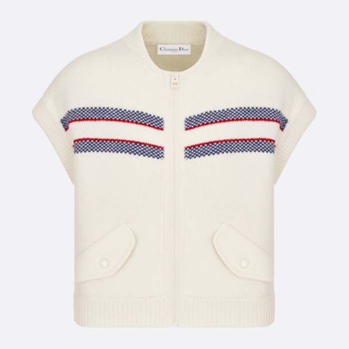Dior Women CD Dioralps Vest White Wool Cashmere Knit Three-Tone Butterfly Motif Reference 414G19AM124_X0878