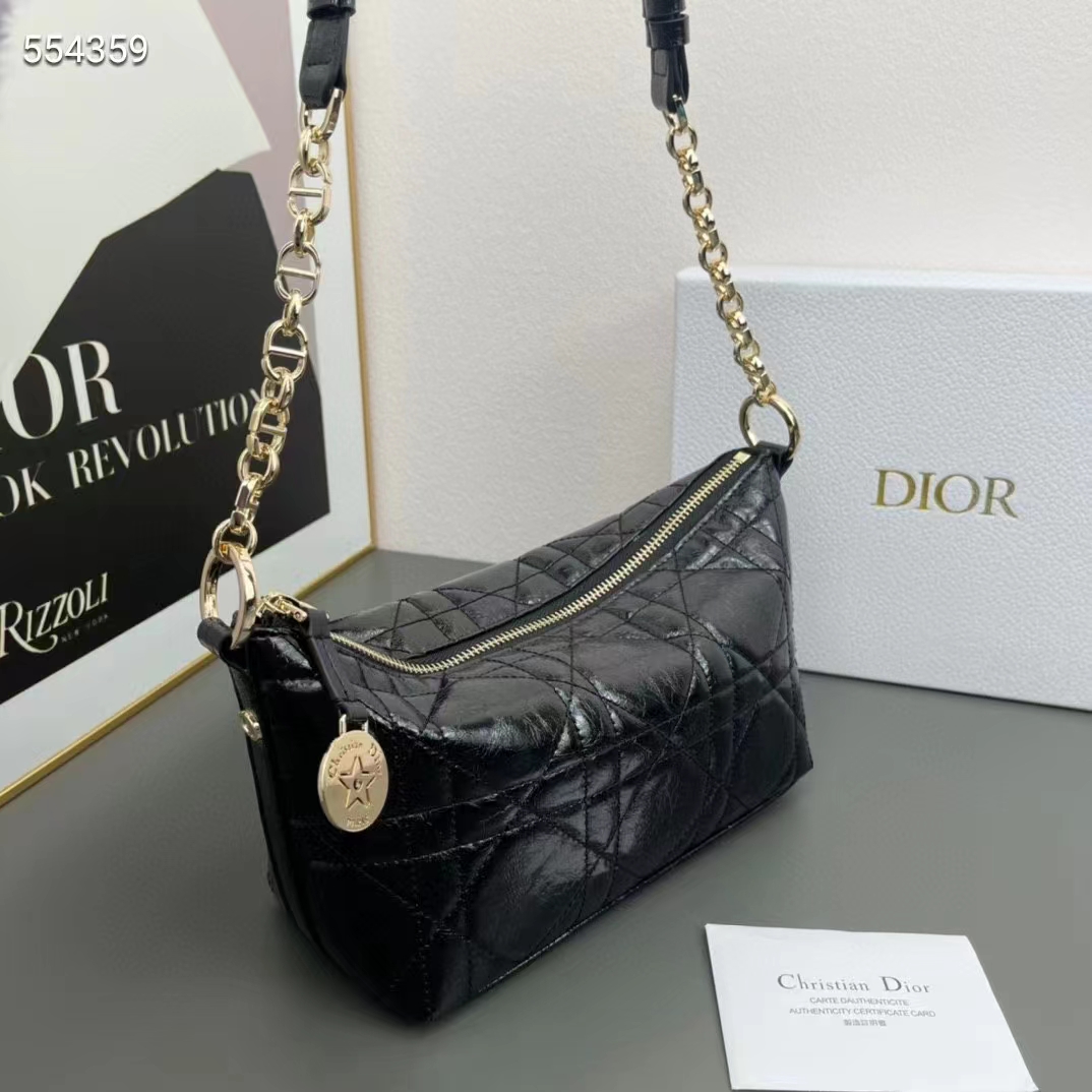 Dior Women CD Diorstar Hobo Bag Chain Black Macrocannage Crinkled Calfskin Reference S3202UNIO_M900 (3)