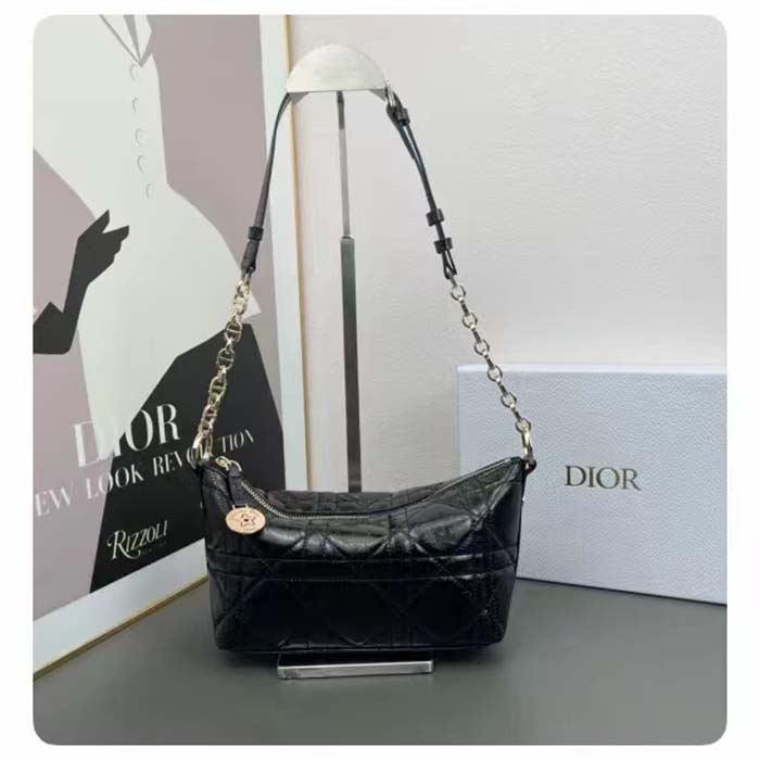 Dior Women CD Diorstar Hobo Bag Chain Black Macrocannage Crinkled Calfskin Reference S3202UNIO_M900 (7)