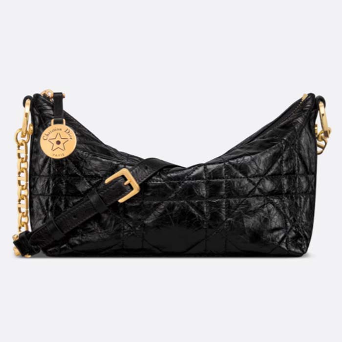 Dior Women CD Diorstar Hobo Bag Chain Black Macrocannage Crinkled Calfskin Reference S3202UNIO_M900