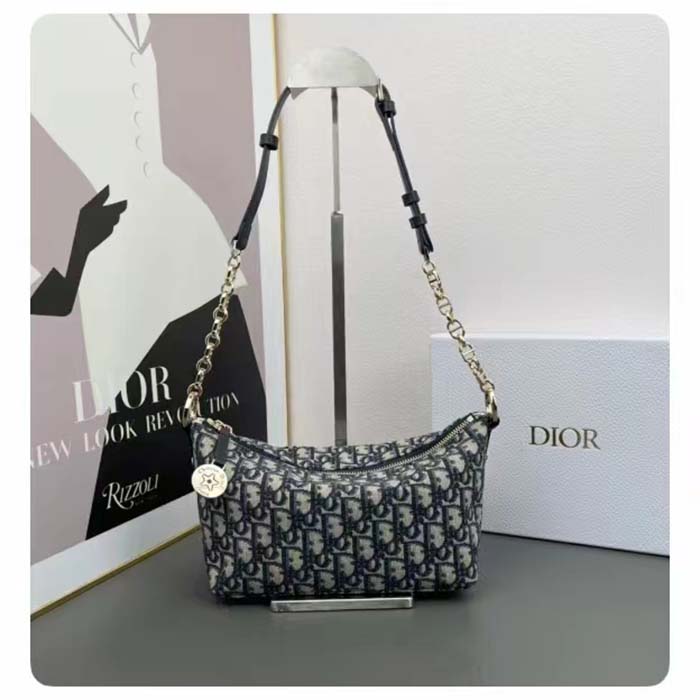 Dior Women CD Diorstar Hobo Bag Chain Blue Dior Oblique Jacquard Reference S3202UTZQ_M928 (4)