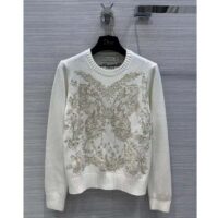 Dior Women CD Embroidered Sweater Gold-Tone White Cashmere Knit Butterfly Around the World Motif (6)