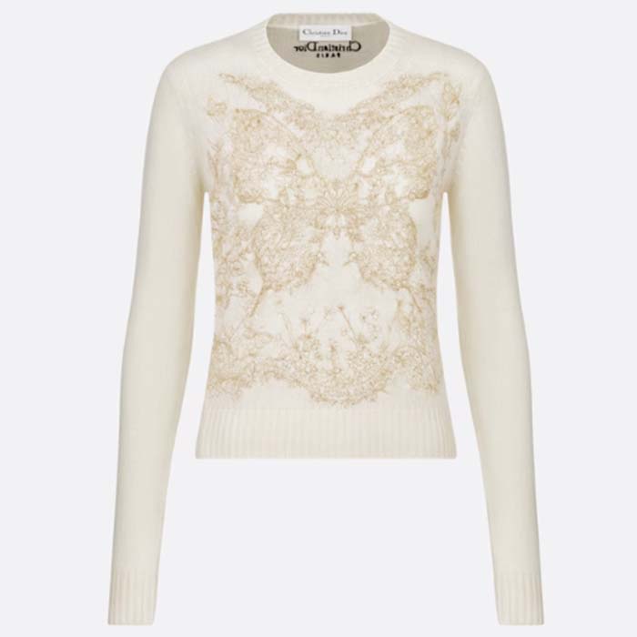 Dior Women CD Embroidered Sweater Gold-Tone White Cashmere Knit Butterfly Around the World Motif