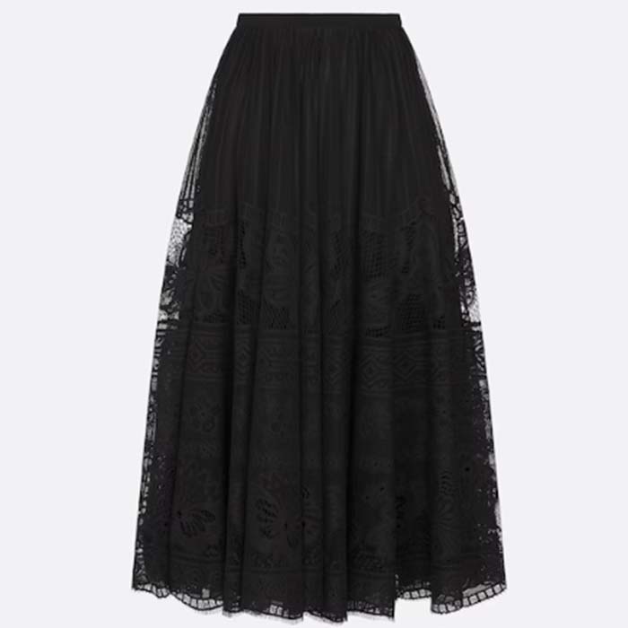 Dior Women CD Flared Mid-Length Skirt Black Technical Cotton Lace D-Lace Butterfly Motif