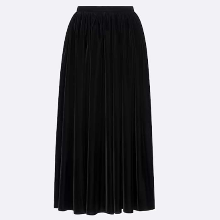 Dior Women CD Flared Mid-Length Skirt Black Velvet Waistband Pleated Style Lining
