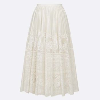 Dior Women CD Flared Mid-Length Skirt Ecru Technical Cotton Lace D-Lace Butterfly Motif