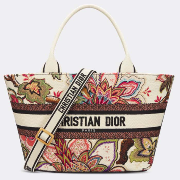 Dior Women CD Hat Basket Bag Natural Multicolor Albero Della Vita Embroidery