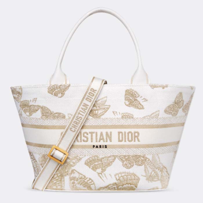 Dior Women CD Hat Basket Bag White Gold-One Gradient Butterflies Embroidery