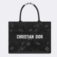 Dior Women CD Medium Book Tote Black D-Lace Butterfly Embroidery 3D Macramé Effect (10)