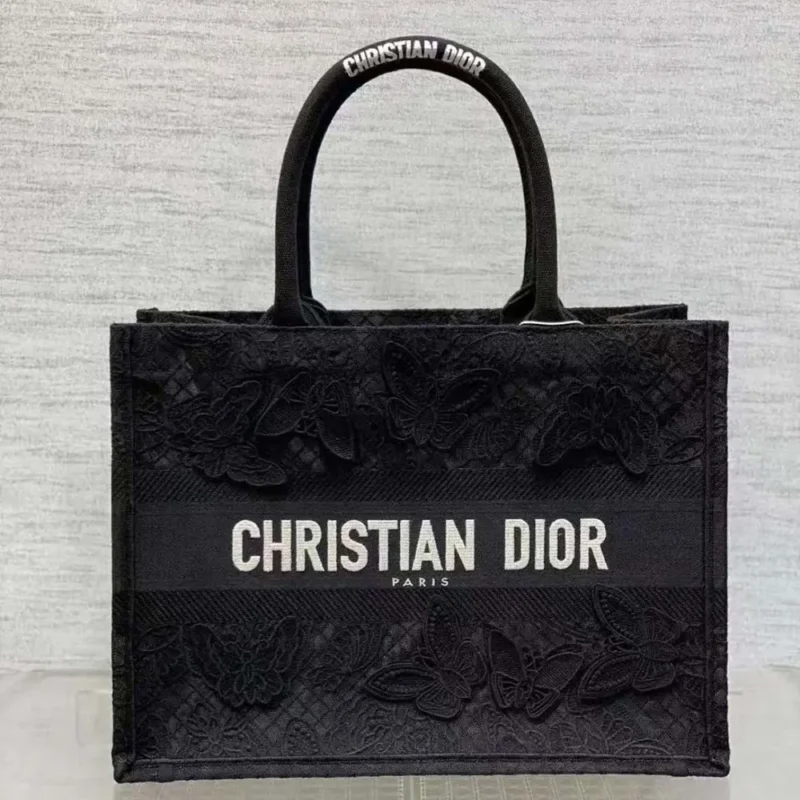 Dior Women CD Medium Book Tote Black D-Lace Butterfly Embroidery 3D Macramé Effect