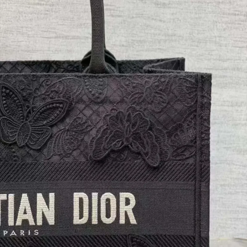 Dior Women CD Medium Book Tote Black D-Lace Butterfly Embroidery 3D Macramé Effect