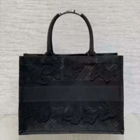 Dior Women CD Medium Book Tote Black D-Lace Butterfly Embroidery 3D Macramé Effect (10)
