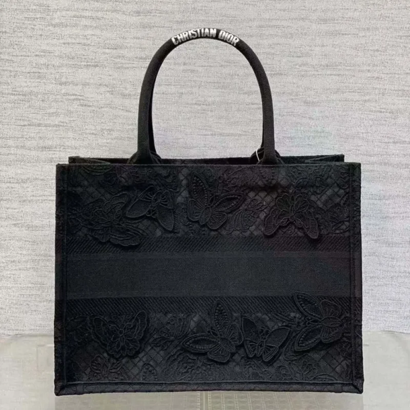 Dior Women CD Medium Book Tote Black D-Lace Butterfly Embroidery 3D Macramé Effect