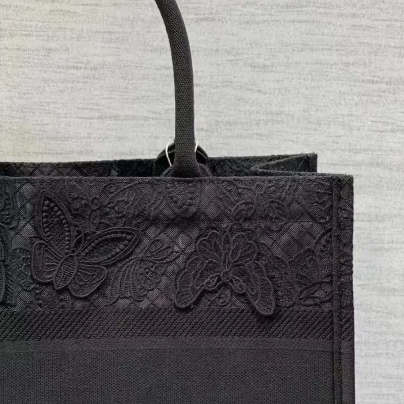 Dior Women CD Medium Book Tote Black D-Lace Butterfly Embroidery 3D Macramé Effect