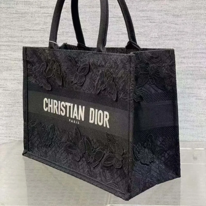 Dior Women CD Medium Book Tote Black D-Lace Butterfly Embroidery 3D Macramé Effect