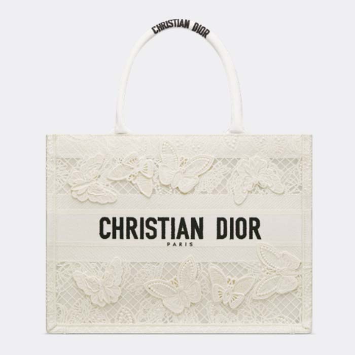 Dior Women CD Medium Book Tote White D-Lace Butterfly Embroidery
