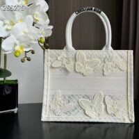 Dior Women CD Medium Book Tote White D-Lace Butterfly Embroidery (1)