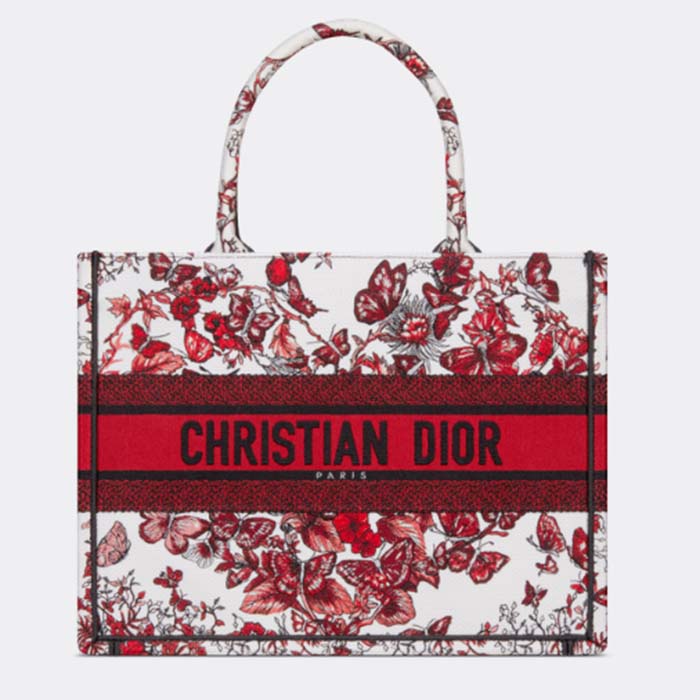 Dior Women CD Medium Book Tote White Red Le Cœur Des Papillons Embroidery