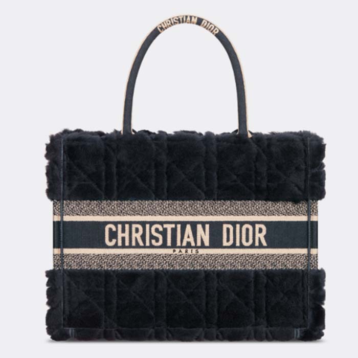 Dior Women CD Medium Dior Book Tote Black Cannage Shearling