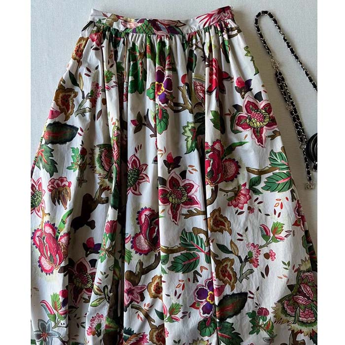 Dior Women CD Mid-Length Pleated Skirt Multicolor Cotton Silk Poplin Albero Della Vita Motif Reference 411J21A3269 (3)