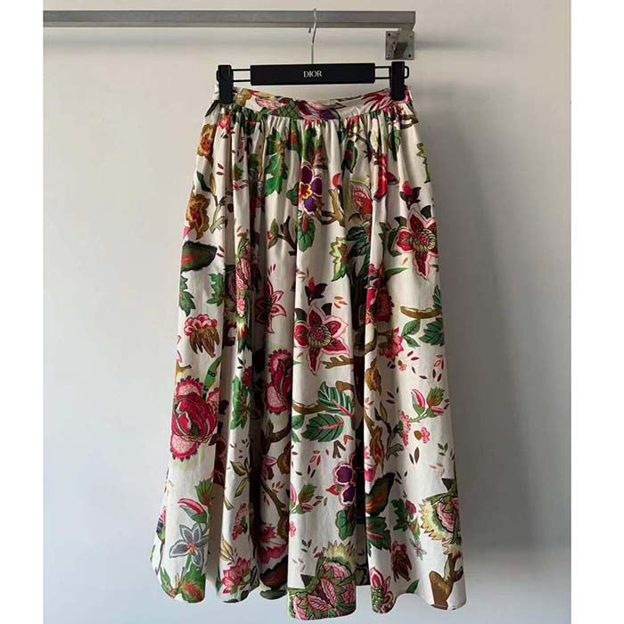 Dior Women CD Mid-Length Pleated Skirt Multicolor Cotton Silk Poplin Albero Della Vita Motif Reference 411J21A3269 (6)