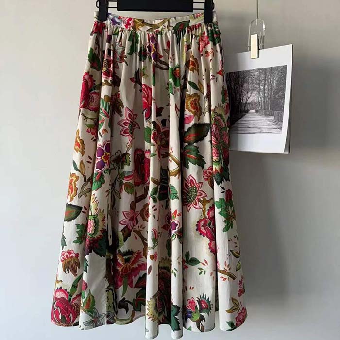 Dior Women CD Mid-Length Pleated Skirt Multicolor Cotton Silk Poplin Albero Della Vita Motif Reference 411J21A3269 (8)