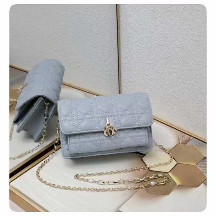 Dior Women CD Miss Dior Chain Pouch Cloud Blue Cannage Lambskin