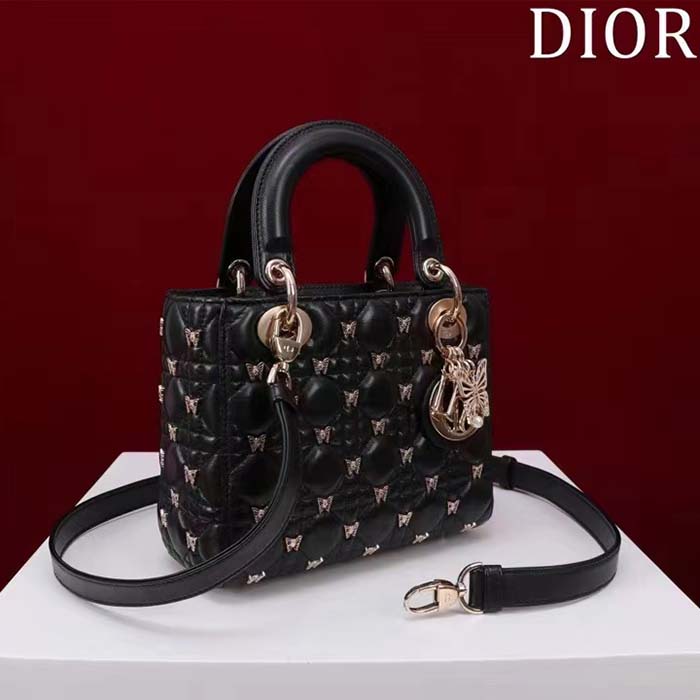 Dior Women CD Small Lady Dior Bag Black Cannage Lambskin Gold-Finish Butterfly Studs