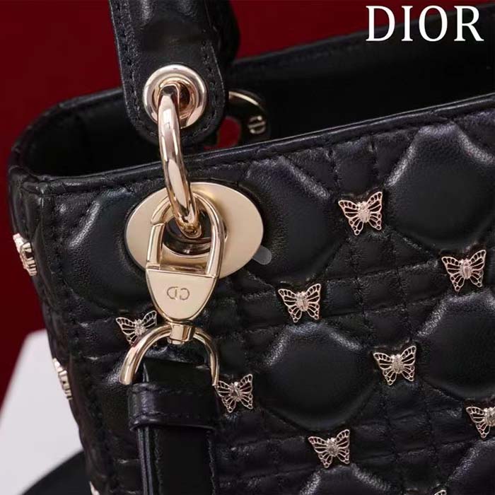 Dior Women CD Small Lady Dior Bag Black Cannage Lambskin Gold-Finish Butterfly Studs