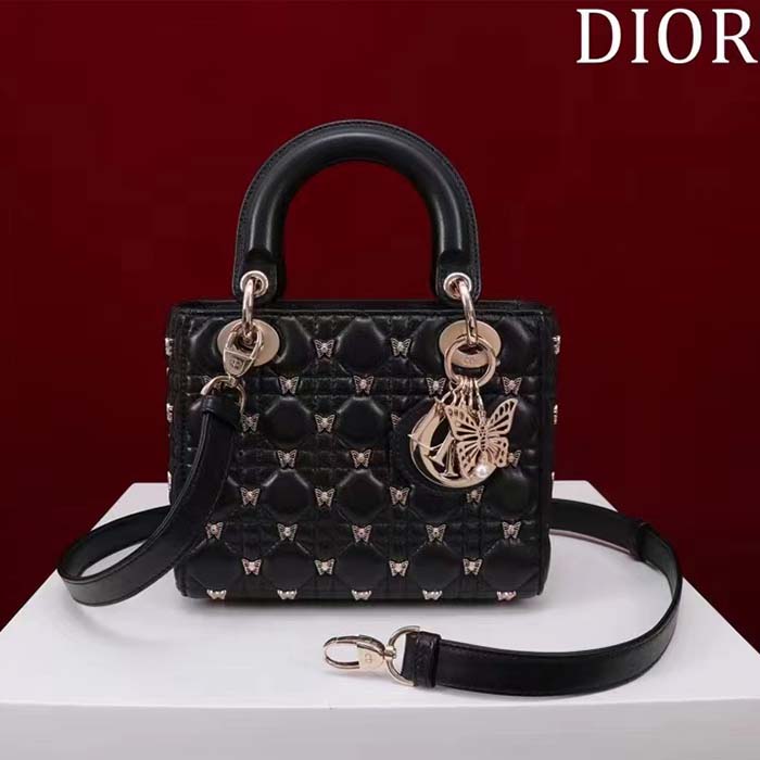 Dior Women CD Small Lady Dior Bag Black Cannage Lambskin Gold-Finish Butterfly Studs (4)