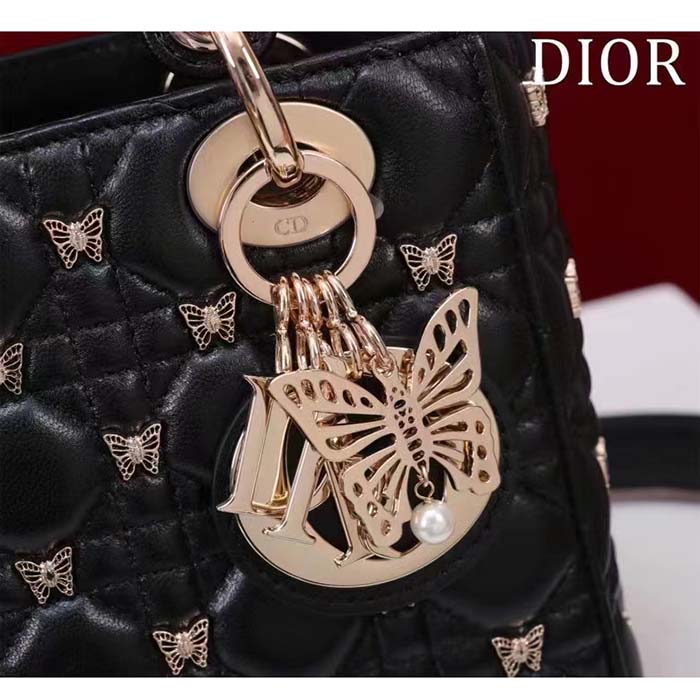 Dior Women CD Small Lady Dior Bag Black Cannage Lambskin Gold-Finish Butterfly Studs