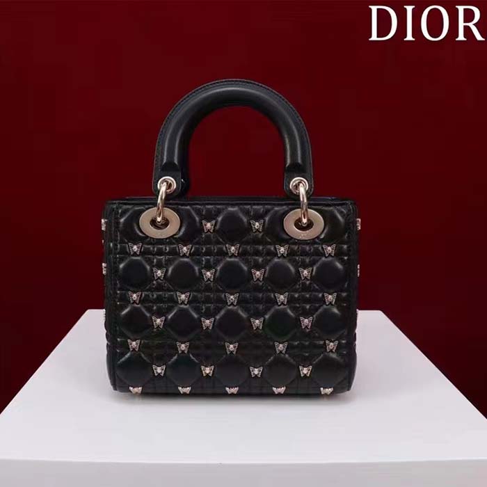 Dior Women CD Small Lady Dior Bag Black Cannage Lambskin Gold-Finish Butterfly Studs (6)