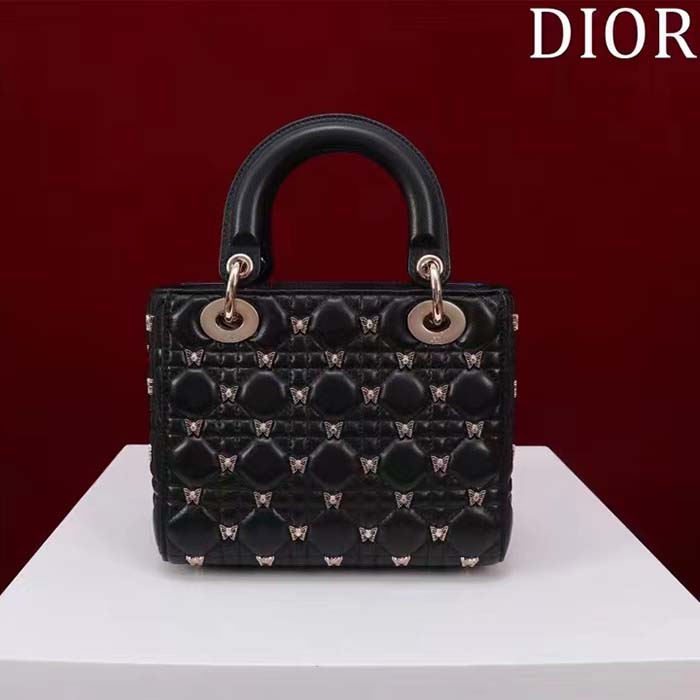 Dior Women CD Small Lady Dior Bag Black Cannage Lambskin Gold-Finish Butterfly Studs