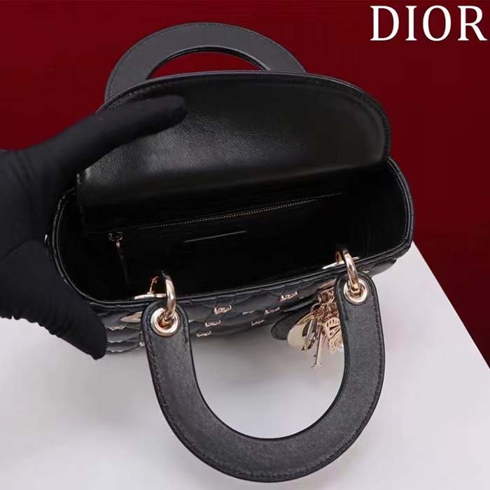 Dior Women CD Small Lady Dior Bag Black Cannage Lambskin Gold-Finish Butterfly Studs (7)